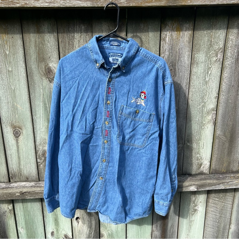 Vintage 90s Dalmatian Embroidered Denim Shirt Men’s Large All Sport Dog Theme